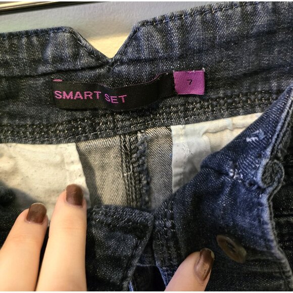 Vintage Y2K Smart Set Shorts Cutout Dark Wash Denim Low Rise Cute Sz 7 - Picture 6 of 7